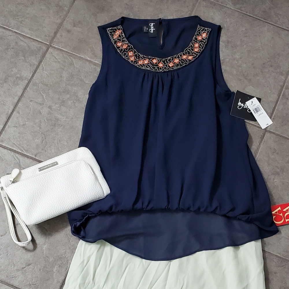 NWT By & By Embellished Sleeveless Blouse High Low Beaded Large Tank Top